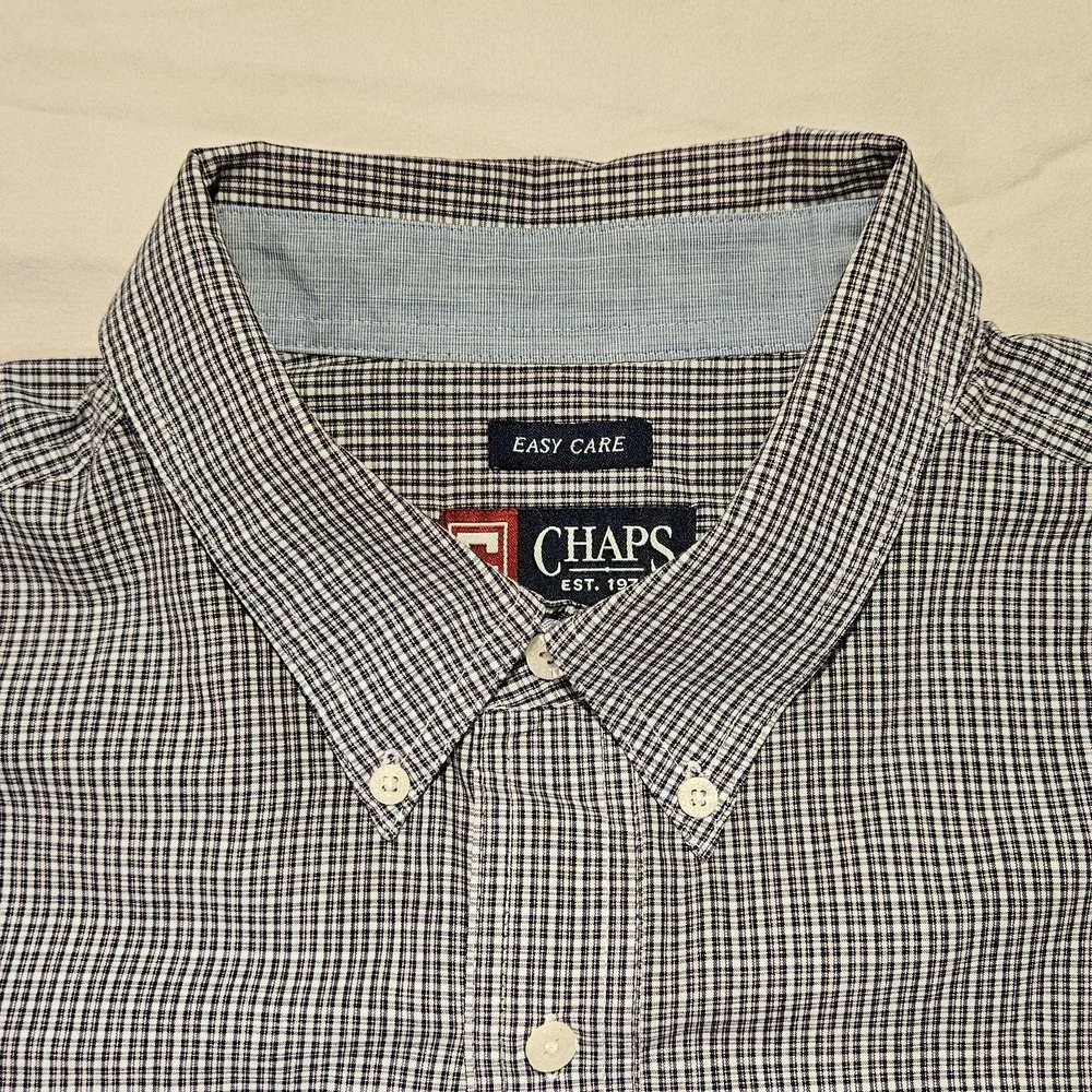 Chaps Easy Care Shirt Mens XXL Blue White Check Long Sleeve Button Down Pocket